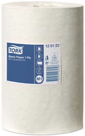 Tork Universal Basic Mini poetspapier, centerfeed, 1-laags, systeem M1, wit, doos van 11 rollen