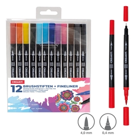 Creakit brushpen met fineliner, etui van 12 stuks in geassorteerde kleuren