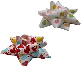 Noeud cadeau, autocollant, 65 mm, coeurs et confettis