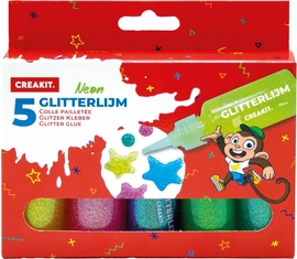 Creakit glitterlijm Neon, 30 ml, etui van 5 stuks in geassorteerde kleuren