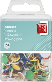 SOHO punaises, bo&icirc;te de 100 pi&egrave;ces, couleurs assorties