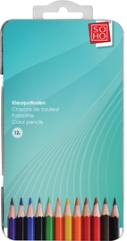 SOHO kleurpotloden, metalen doos van 12 stuks, geassorteerde kleuren