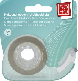 SOHO plakband, 15 mm x 5 m, dubbelzijdig, met afroller, op blister
