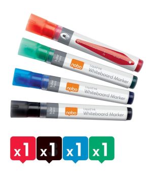 Nobo Witbordstift Geassorteerde kleuren: zwart, groen, rood en blauw, blister van 4 stuks