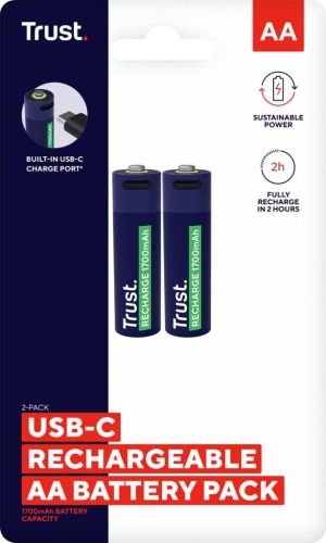 Trust USB-C herlaadbare batterijen AA, blister van 2 stuks