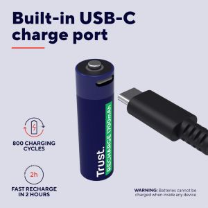 Trust USB-C herlaadbare batterijen AA, blister van 4 stuks