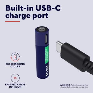 Trust USB-C herlaadbare batterijen AAA, blister van 4 stuks