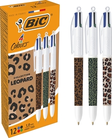Bic stylo bille 4 couleurs Leopard, bo&icirc;te de 12 pi&egrave;ces, assorti