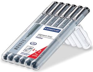 Staedtler pigment liner fineliner, ronde punt, verschillende schrijfbreedtes, etui van 4 + 2, zwart