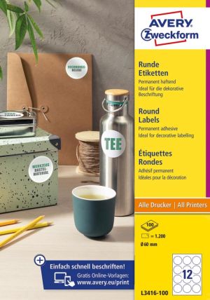 Avery Zweckform &eacute;tiquettes rondes, diametre 60 mm, blanc, adh&eacute;sif permanent, 120 &eacute;tiquettes, 10 feuilles