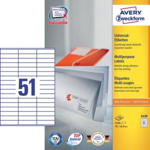 Avery Zweckform 3420, &eacute;tiquettes universelles, Ultragrip, blanc, 100 feuilles, 70 x 16,9 mm