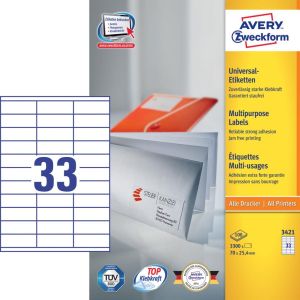 Avery Zweckform 3421, Universele etiketten, Ultragrip, wit, 100 vel, 33 per vel, 70 x 25,4 mm