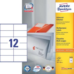 Avery Zweckform 3424, Universele etiketten, Ultragrip, wit, 100 vel, 12 per vel, 105 x 48 mm