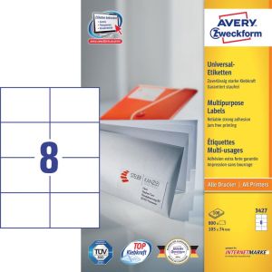 Avery Zweckform 3427, Universele etiketten, Ultragrip, wit, 100 vel, 8 per vel, 105 x 74 mm