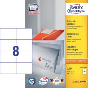 Avery Zweckform 3427, &eacute;tiquettes universelles, Ultragrip, blanc, 200 feuilles, 105 x 74 mm
