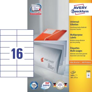 Avery Zweckform 3484, Universele etiketten, Ultragrip, wit, 100 vel, 16 per vel, 105 x 37 mm