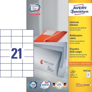 Avery Zweckform 3652, &eacute;tiquettes universelles, Ultragrip, blanc, 200 feuilles, 70 x 42,3 mm