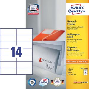 Avery Zweckform 3653, &eacute;tiquettes universelles, Ultragrip, blanc, 200 feuilles, 105 x 42,3 mm