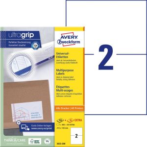 Avery Zweckform 3655-2, Universele etiketten, Ultragrip, wit, 200 vel, 2 per vel, ft 210 x 148 mm