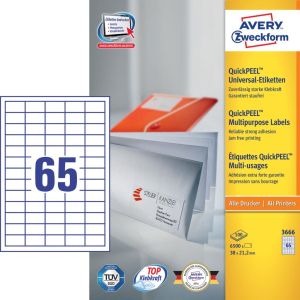 Avery Zweckform 3666, Universele etiketten, Ultragrip, wit, 100 vel, 65 per vel, 38 x 21,2 mm