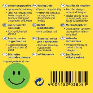 Avery rating dots, diam&egrave;tre 19 mm, rouleau avec 250 pi&egrave;ces, smiley, vert