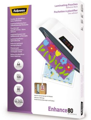 Fellowes pochette &agrave; plastifier Enhance80 auto-adh&eacute;sif ft A4, 160 microns (2 x 80 microns), paquet de 100