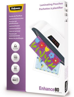 Fellowes pochette &agrave; plastifier Enhance80 ft A4, 160 microns (2 x 80 microns), paquet de 100 pi&egrave;ces, mate