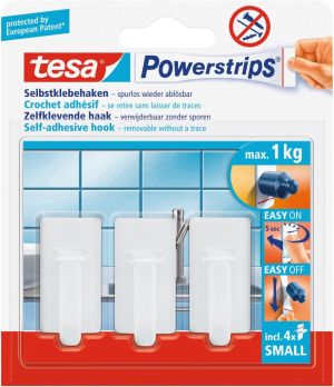 Tesa crochet adh&eacute;sif Powerstrips, supporte 1 kg, blanc, blister de 3 crochets et 4 languettes