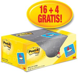 Post-it Notes, ft 38 x 51 mm, jaune, bloc de 100 feuilles, paquet de 16 + 4 gratuit