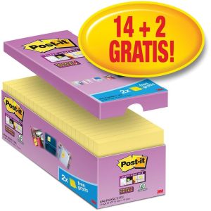 Post-it Super Sticky notes, 90 feuilles, ft 76 x 76 mm, jaune, paquet de 14 blocs + 2 gratuit