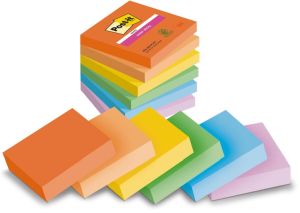 Post-it Super Sticky Notes Playful, 90 feuilles, ft 76 x 76 mm, couleurs assortis, paquet de 6 blocs