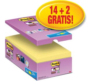 Post-it Super Sticky notes, 90 feuilles, ft 76 x 127 mm, jaune, paquet de 14 blocs + 2 gratuit