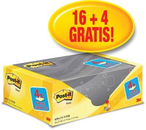 Post-it notes, 100 feuilles, ft 76 x 127 mm, jaune, paquet de 16 blocs  + 4 gratuit
