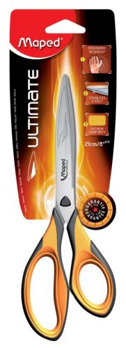 Maped ciseaux Ultimate, ft 21 cm, droite en gauche, bouts pointus, oranje, inox, blister de 1 pi&egrave;ce