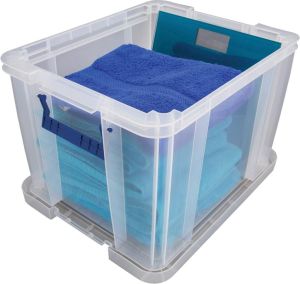 Bankers Box opbergdoos 36 liter, transparant met blauwe handvaten, set van 3 stuks verpakt in karton