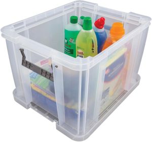Bankers Box opbergdoos 36 liter, transparant met blauwe handvaten, set van 3 stuks verpakt in karton