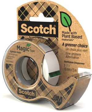 Plakband Magic Tape A greener choice ft 19 mm x 15 m, op dispenser van 100 % gerecycleerd plastic