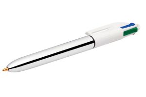 Bic Colours Shine 4-kleurenbalpen, medium, klassieke inktkleuren, lichaam zilver