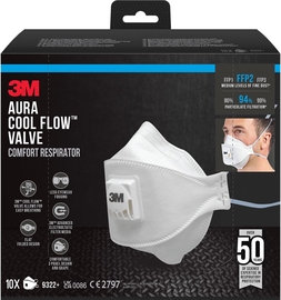 3M Aura Comfort Cool Flow masque, FFP2, avec valve, paquet de 10 pi&egrave;ces