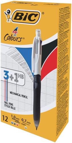 Bic Colours 3 + 1 HB 4-kleurenbalpen, medium, 3 klassieke inktkleuren en een vulpotlood 0,7 mm HB