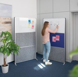 MAULconnecto scheidingswand, 1 x whiteboard, 2 x donkergrijs, frame zilver, voet