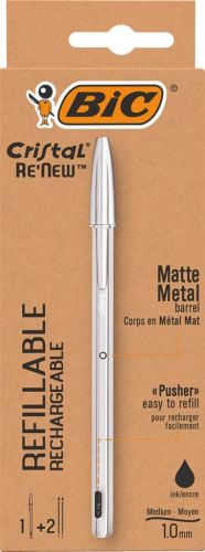 Bic balpen Cristal Re-new, zilveren lichaam, zwarte inkt, doos met 1 stuk en 2 navullingen