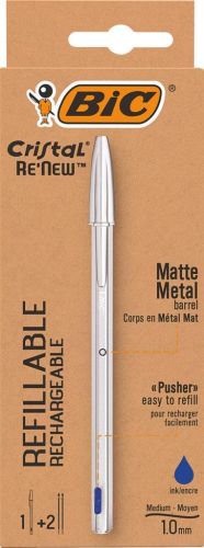 Bic balpen Cristal Re-new, zilveren lichaam, blauwe inkt, doos met 1 stuk en 2 navullingen