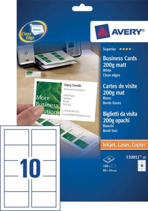 Avery visitekaarten 200 g/m&sup2;, Ft 85 x 54 mm (10 per blad), doos van 10 blad