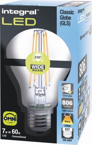 Integral Classic Globe LED lamp E27, dimbaar, 2.700 K, 7,3 W, 806 lumen