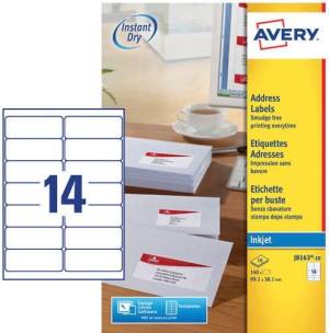 Avery J8163-10 &eacute;tiquettes adresse ft 99,1 x 38,1 mm, 140 &eacute;tiquettes blanc
