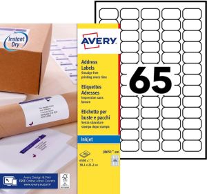 Avery witte etiketten QuickDry ft 38,1 x 21,2 mm (b x h), 6.500 stuks, 65 per blad