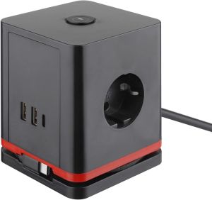 IOIO contactdoos SW1000, 3 stopcontacten en 3 USB-poorten, kubus, zwart