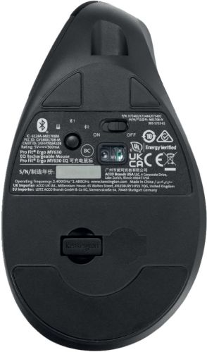 Kensington EQ Pro Fit ergonomische muis MY630, rechtshandig, draadloos, oplaadbaar