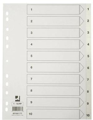 Q-CONNECT tabbladen, A4, PP, 11-gaatsperforatie,met indexblad, set van 1-10, wit